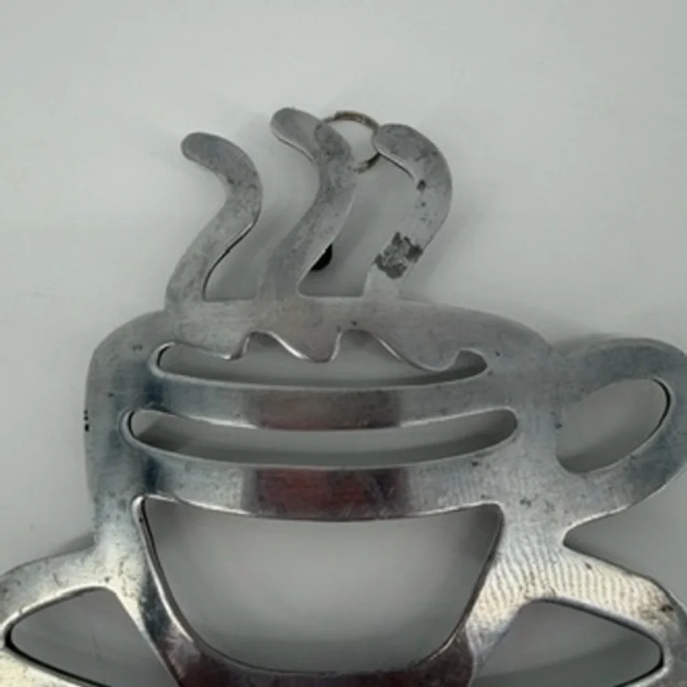 Vintage Silver Cast Metal Coffee Cup Trivet Wall Decor Steaming Mug 7x8 Inch